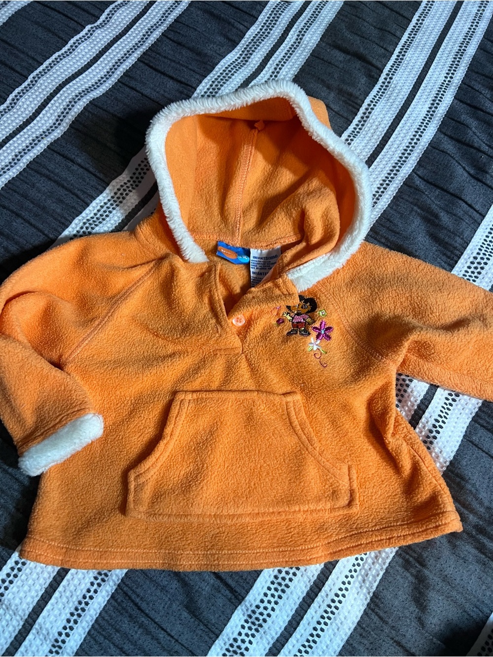 Vtg Dora Orange Fleece Hoodie with Sherpa Trim and Embroidered Flowers